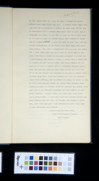Letter from Anne Cotman to her brother John Joseph about her stay in London.